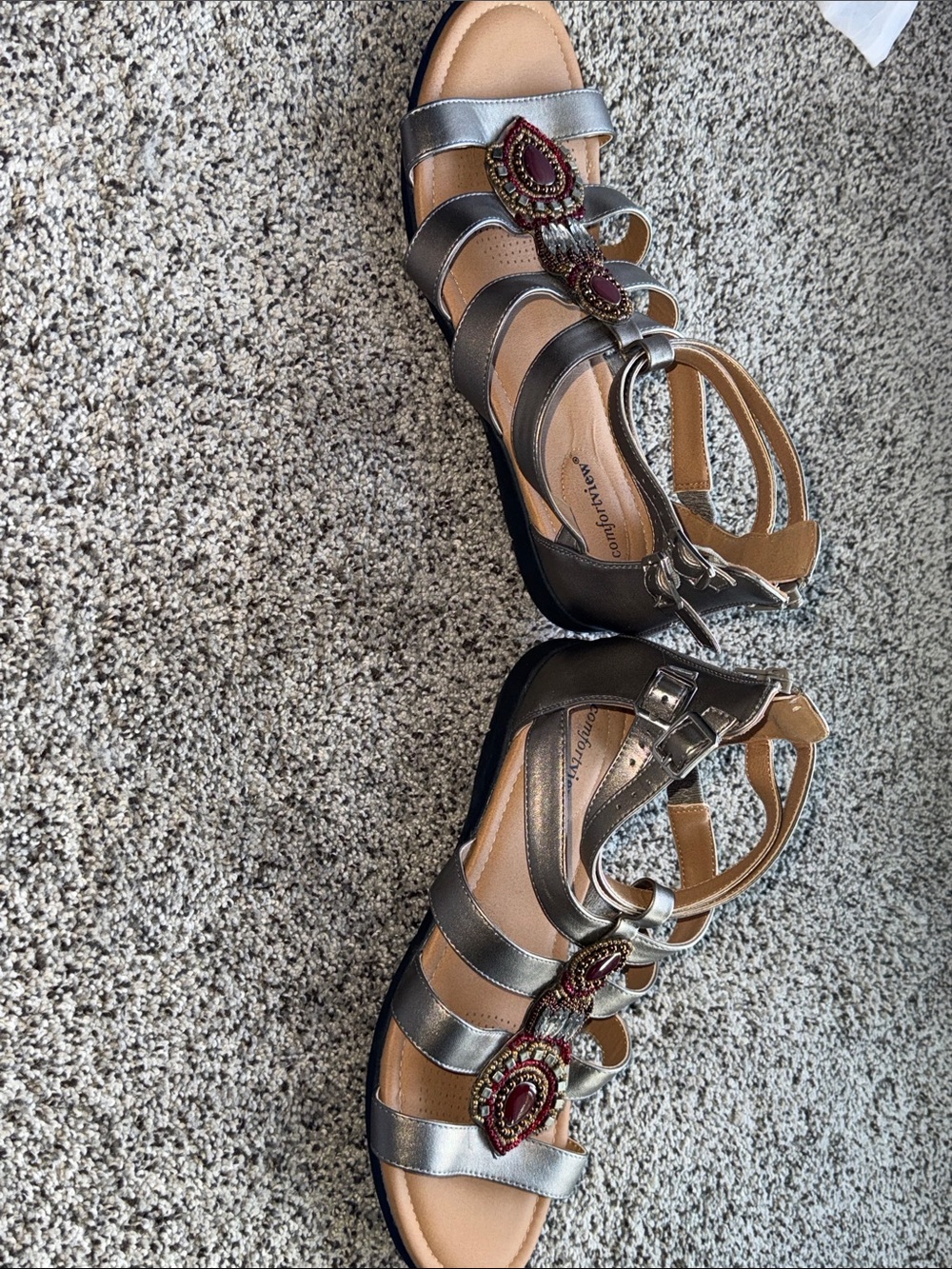 comfortview Metallic Silver Strappy Sandals with Red Jewel Accents - Picture 8 of 8